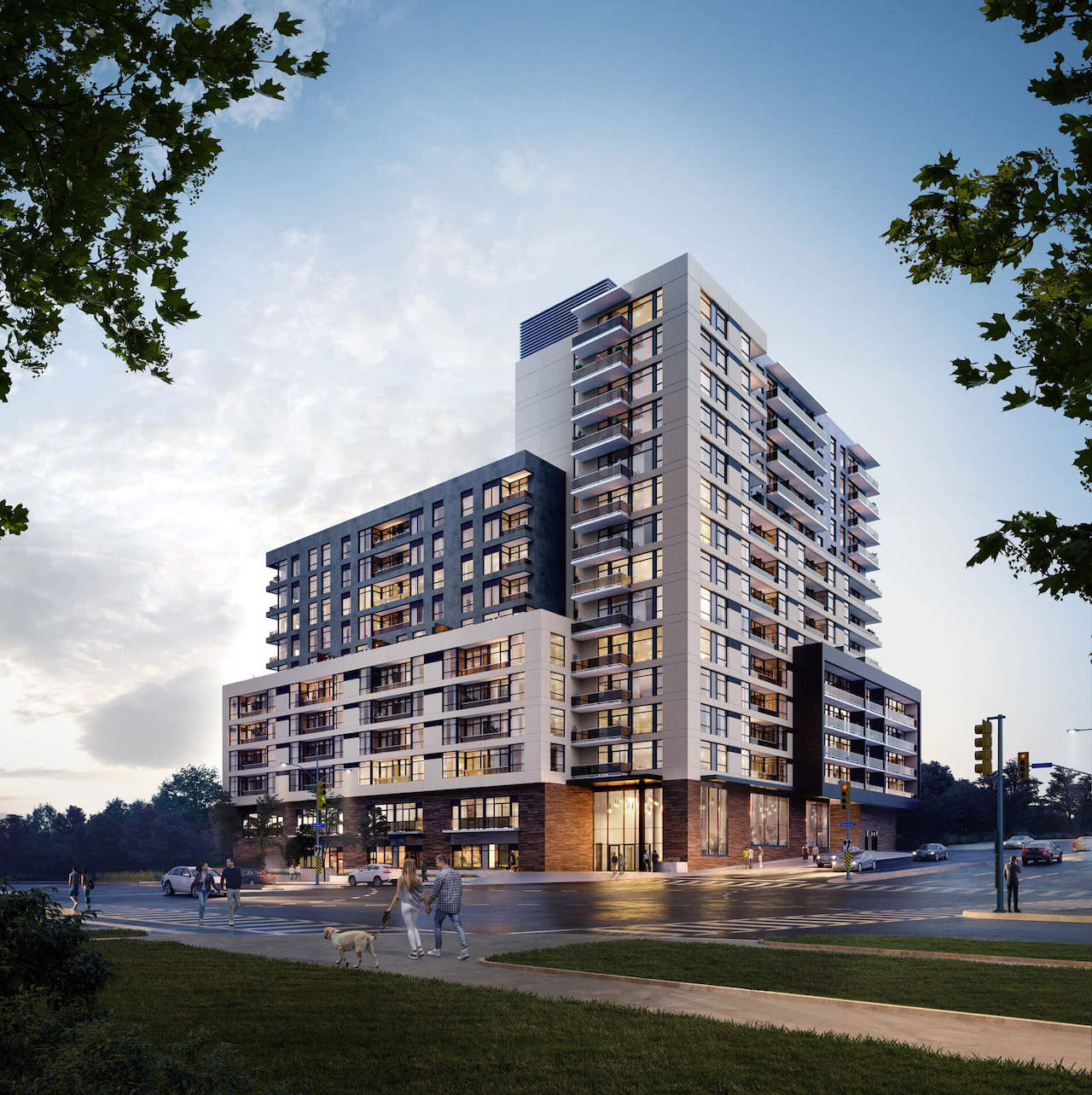 Exterior rendering of Elle Condos at dusk