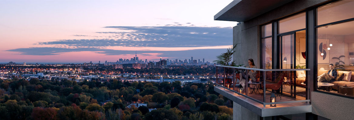 Exterior rendering of Elle Condos suite view at dusk