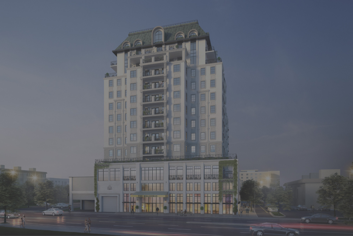 Rendering of The Waldemar Condos full exterior with grey overlay