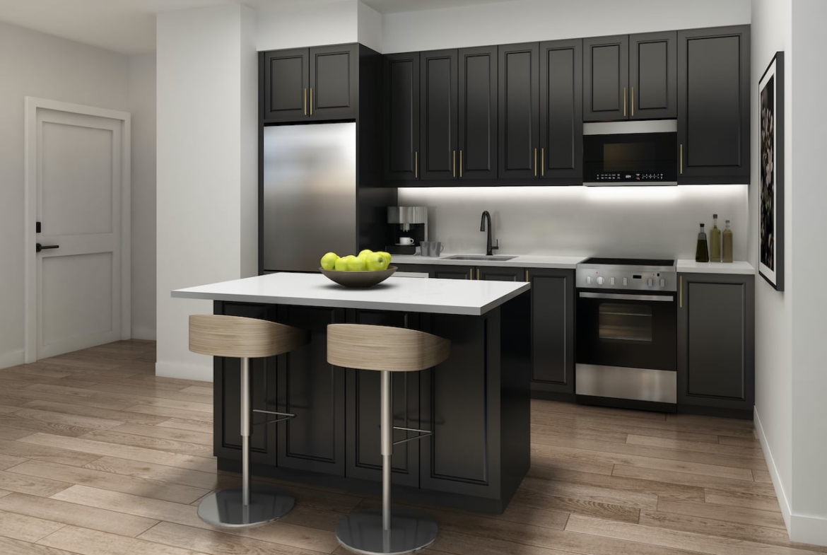 Rendering of Nuvo 2 suite kitchen dark