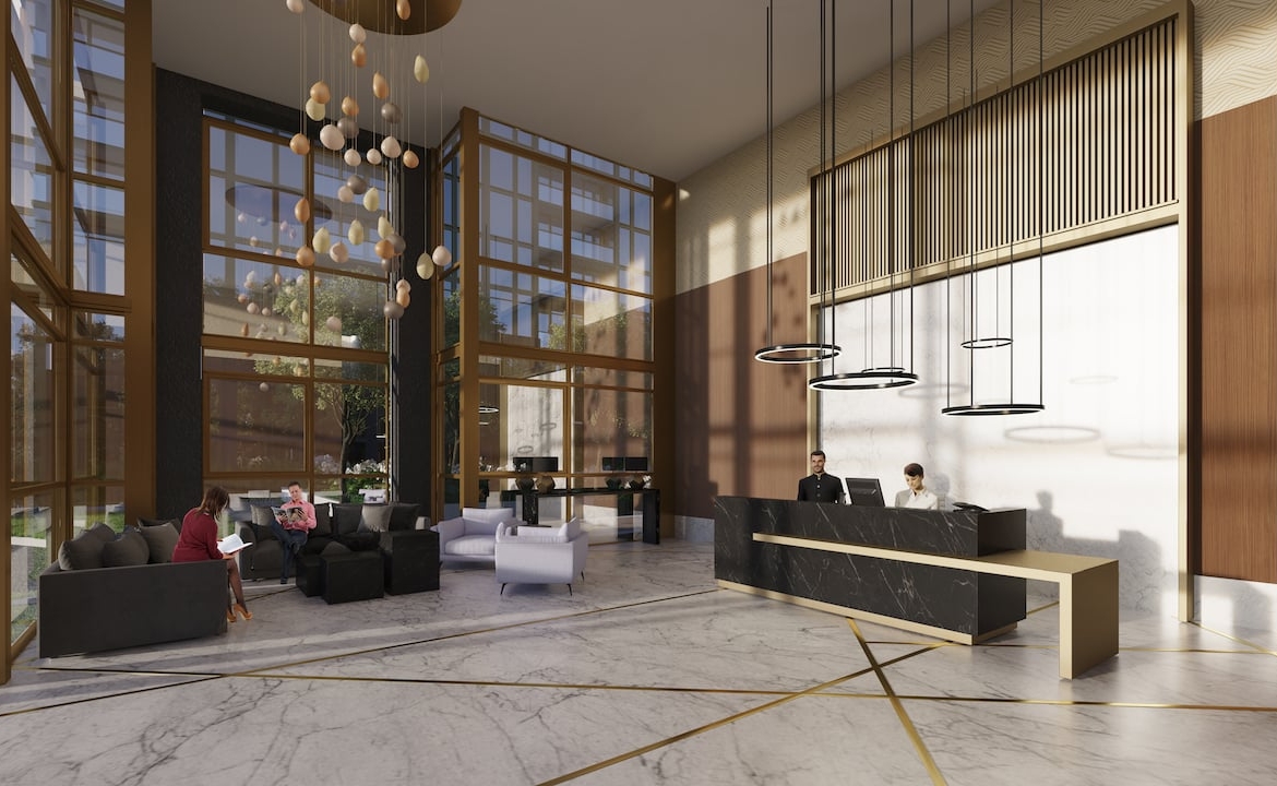 Rendering of Nuvo 2 Condos lobby with concierge