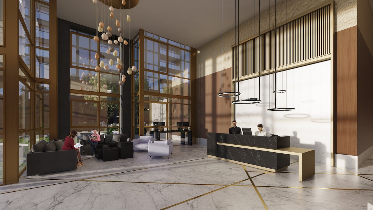 Rendering of Nuvo 2 Condos lobby with concierge
