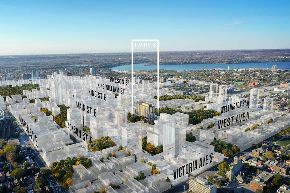Rendering of 1 Jarvis Condos aerial of Hamilton future