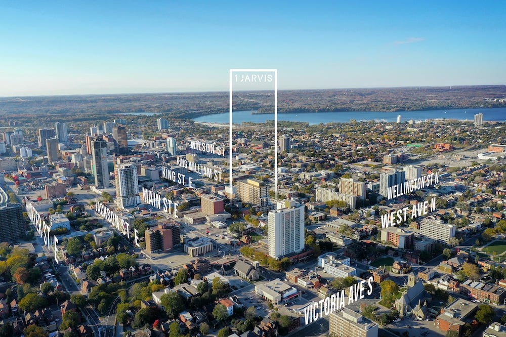 Rendering of 1 Jarvis Condos aerial of Hamilton today
