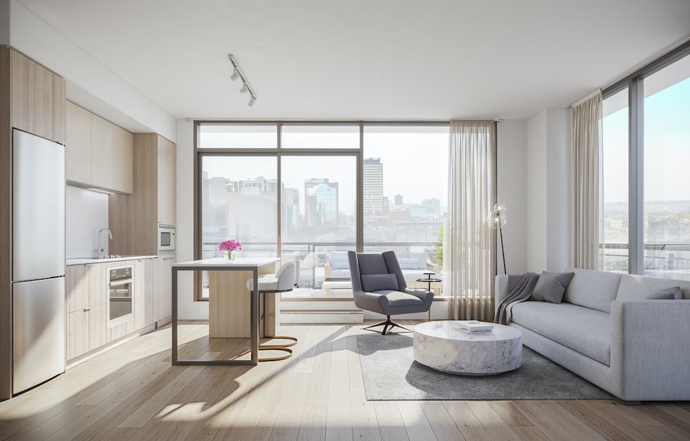 Rendering of 1 Jarvis Condos suite living and dining neige