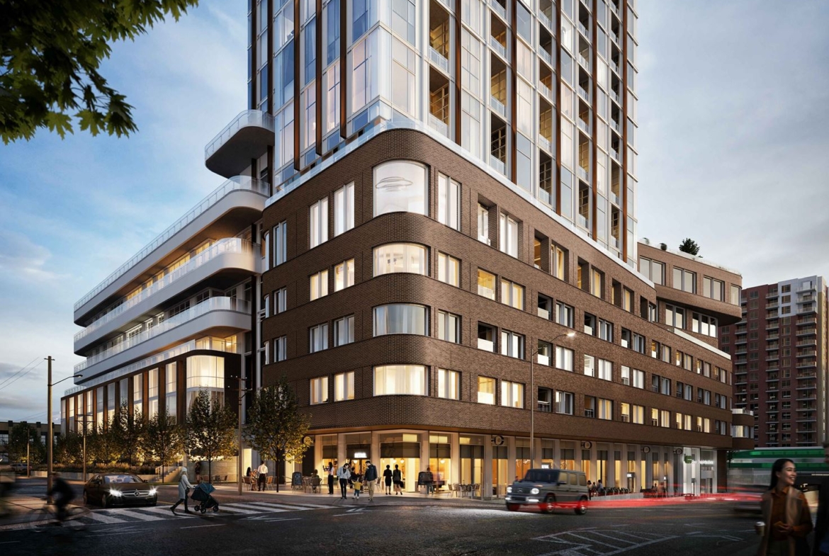 Rendering of 1319 Bloor Street West Condos exterior podium and street view in the evening