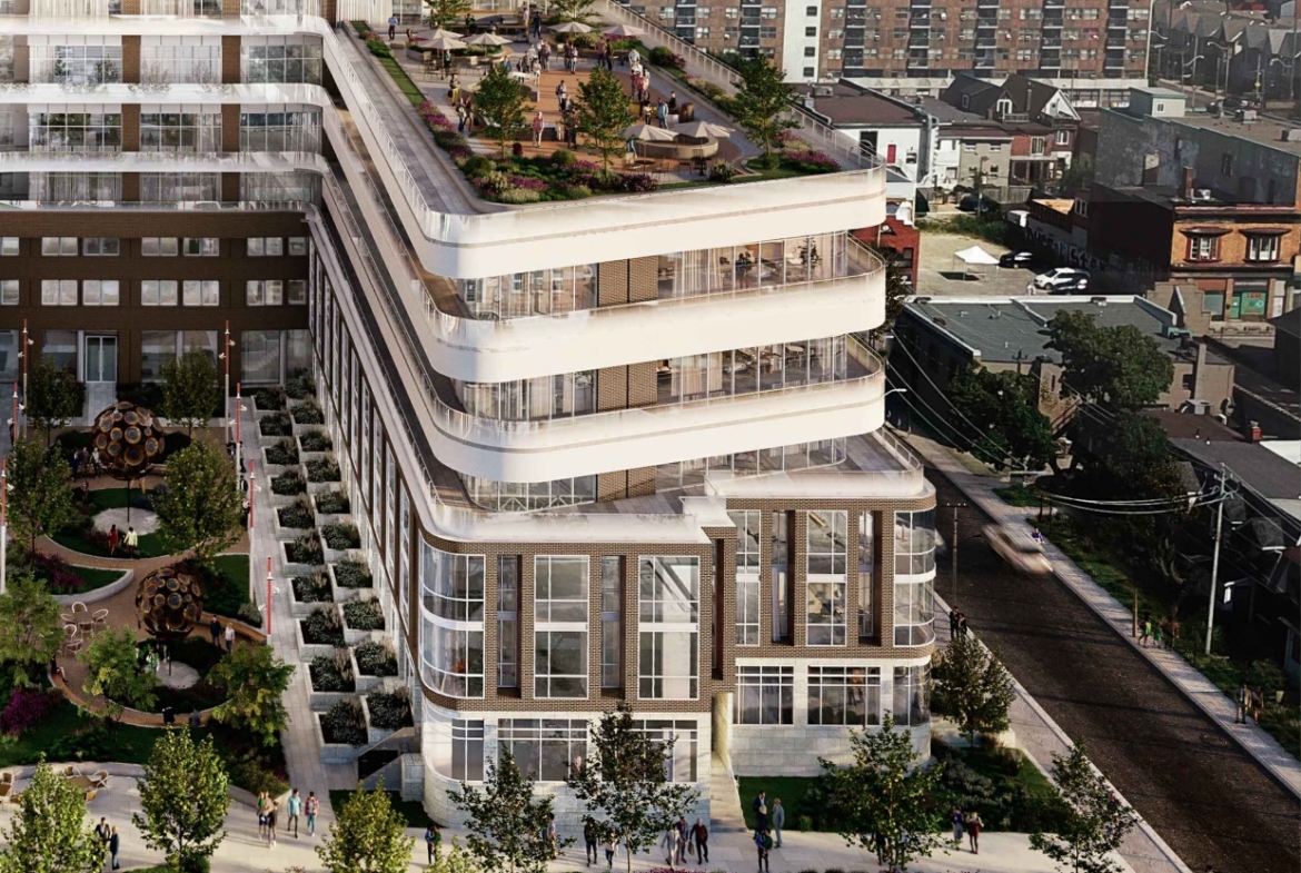 Rendering of 1319 Bloor Street West Condos exterior aerial of podium