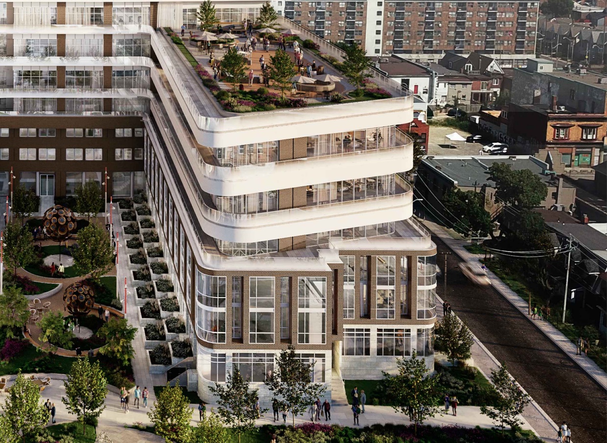 Rendering of 1319 Bloor Street West Condos exterior aerial of podium