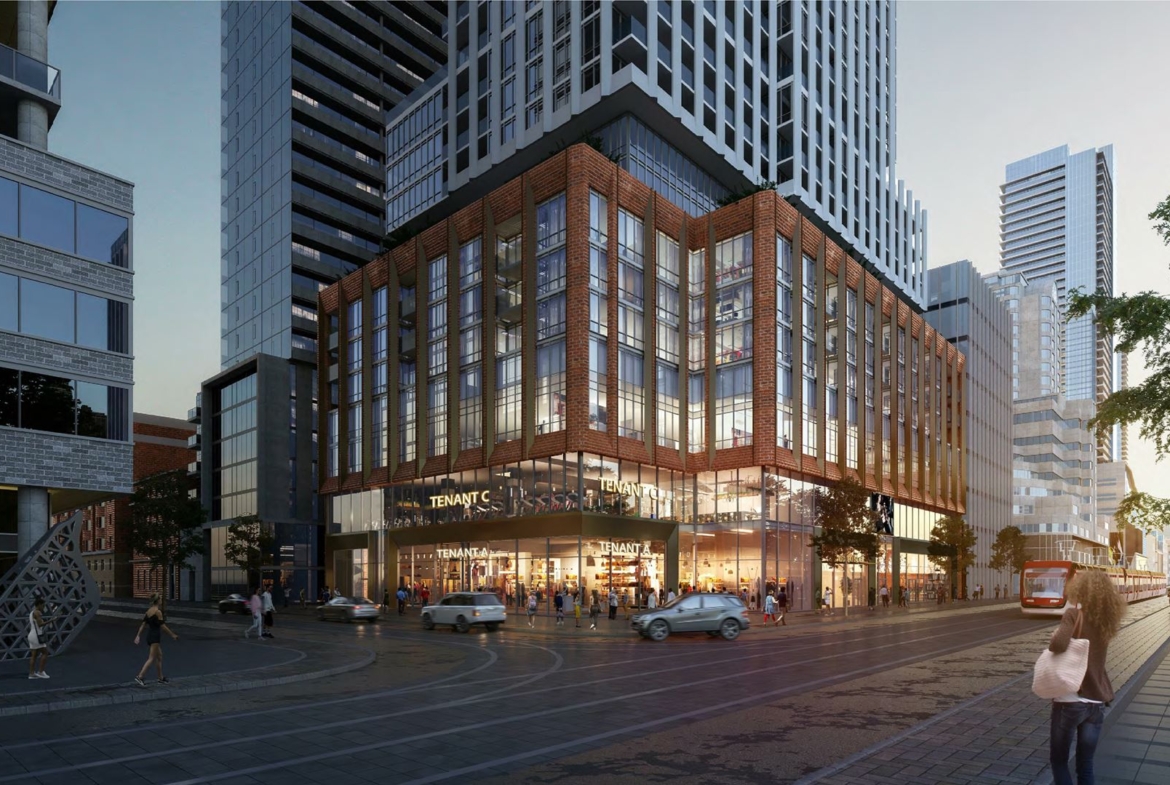 Rendering of 400 King West Condos exterior podium at night