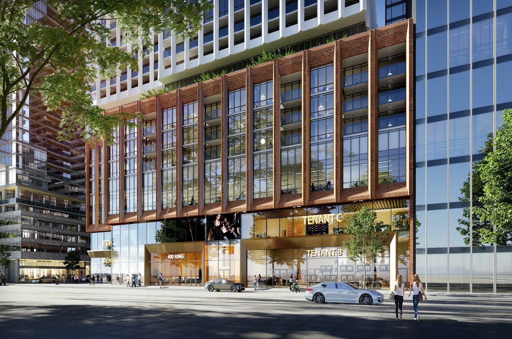 Rendering of 400 King West Condos exterior podium with Toronto street view
