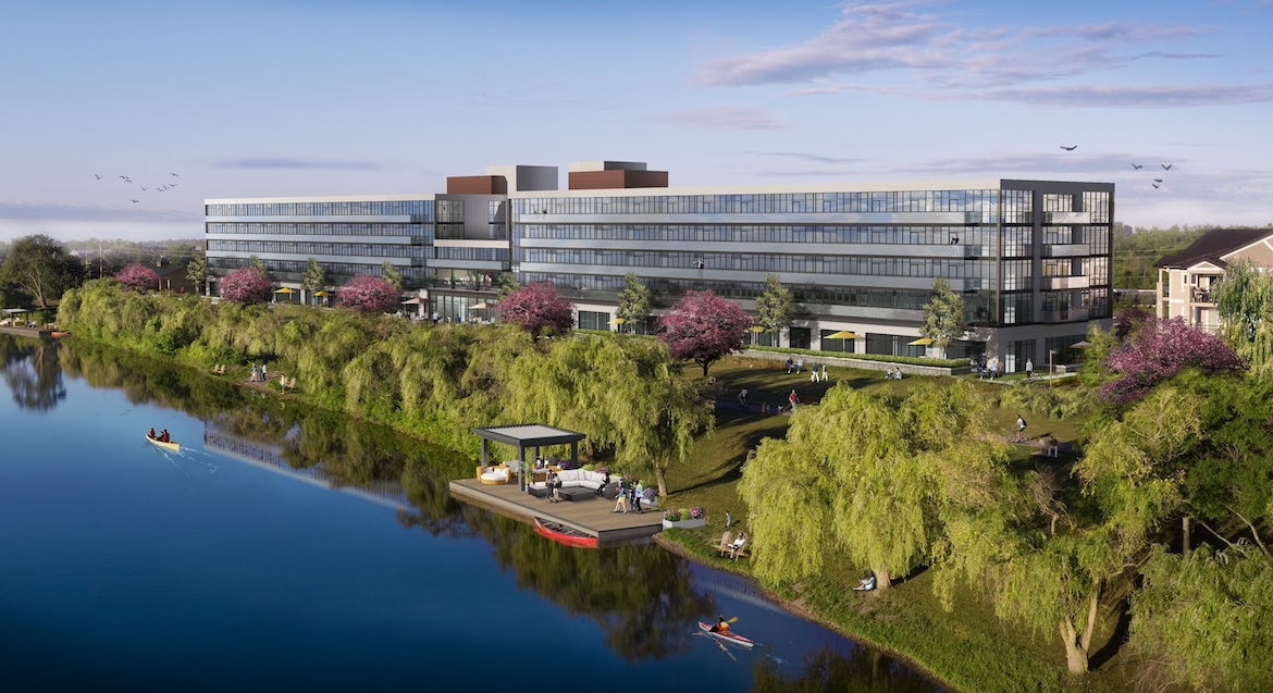 Rendering of Upper Vista Welland exterior on canal