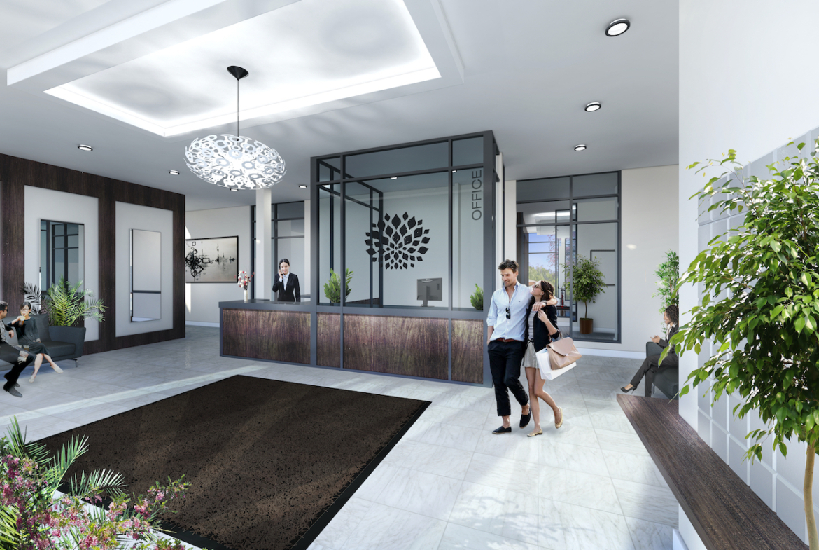 Rendering of Upper Vista Welland condos lobby with concierge