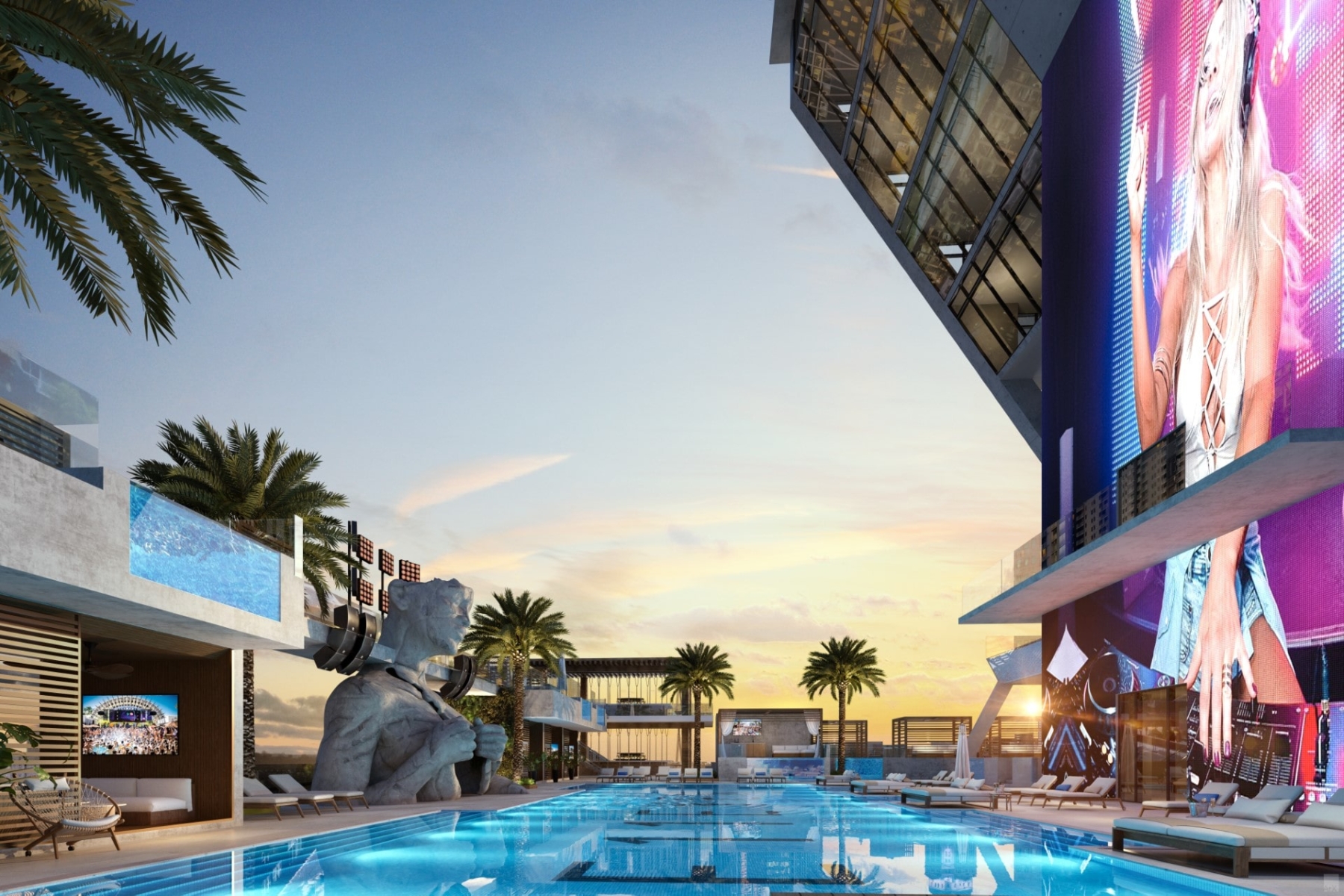 Rendering of E11even Hotel and Residences pool at night