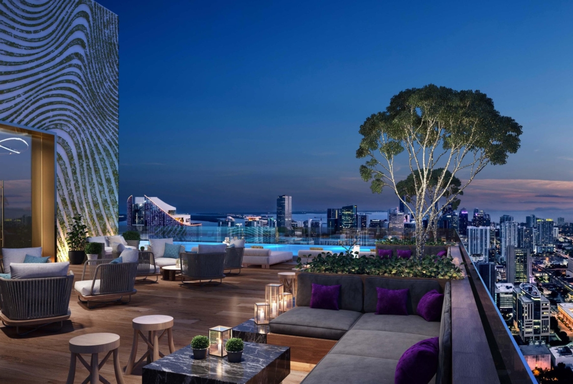 Rendering of E11even Hotel and Residences outdoor terrace at night