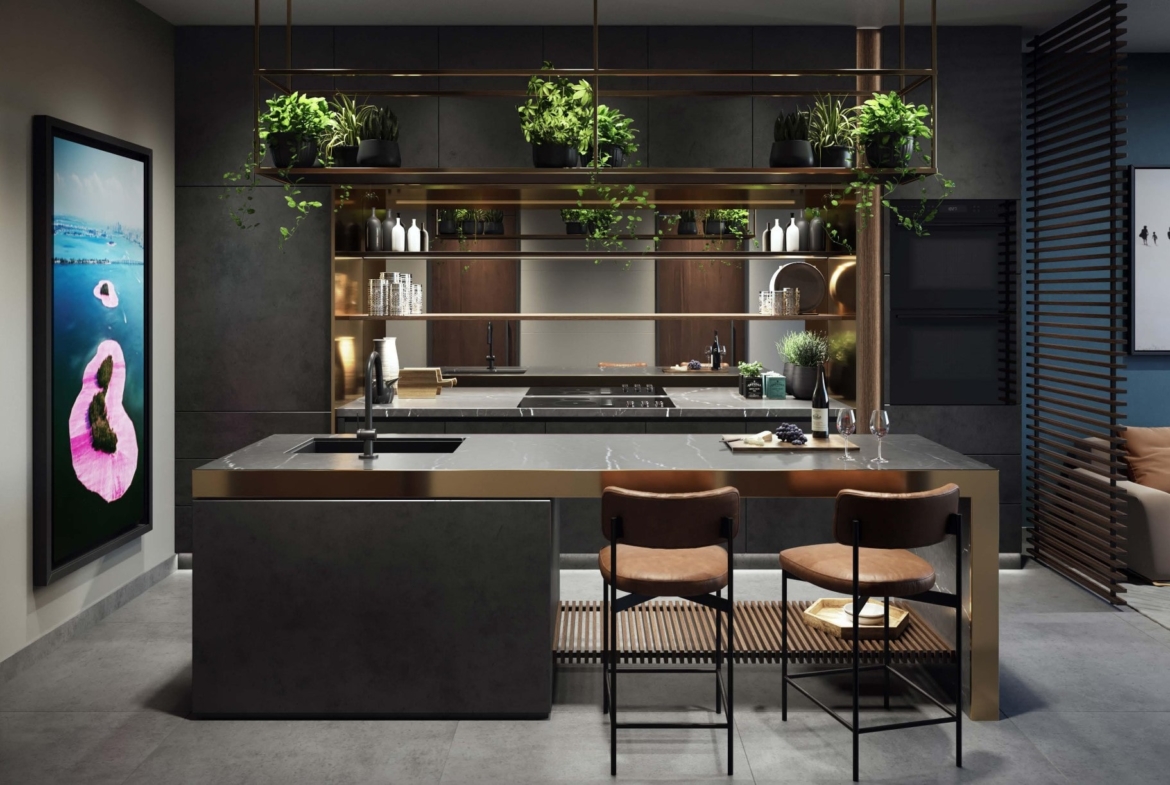 Rendering of E11even Hotel and Residences suite interior kitchen