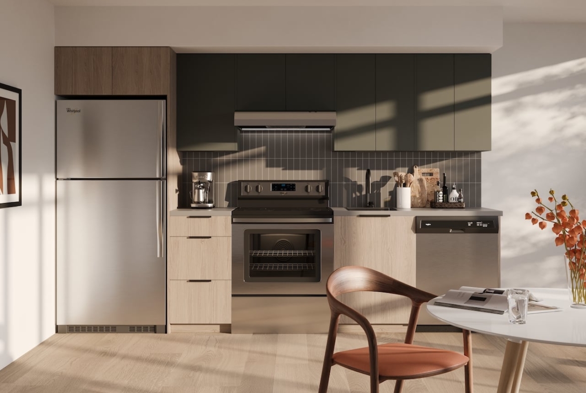 Rendering of Realm Condos suite kitchen light dark standard