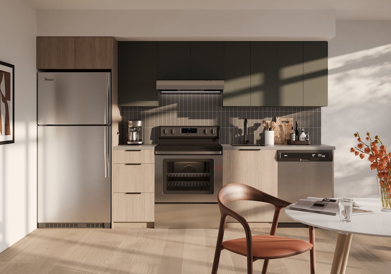 Rendering of Realm Condos suite kitchen light dark standard