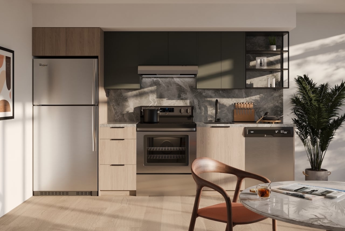 Rendering of Realm Condos suite kitchen light dark upgraded