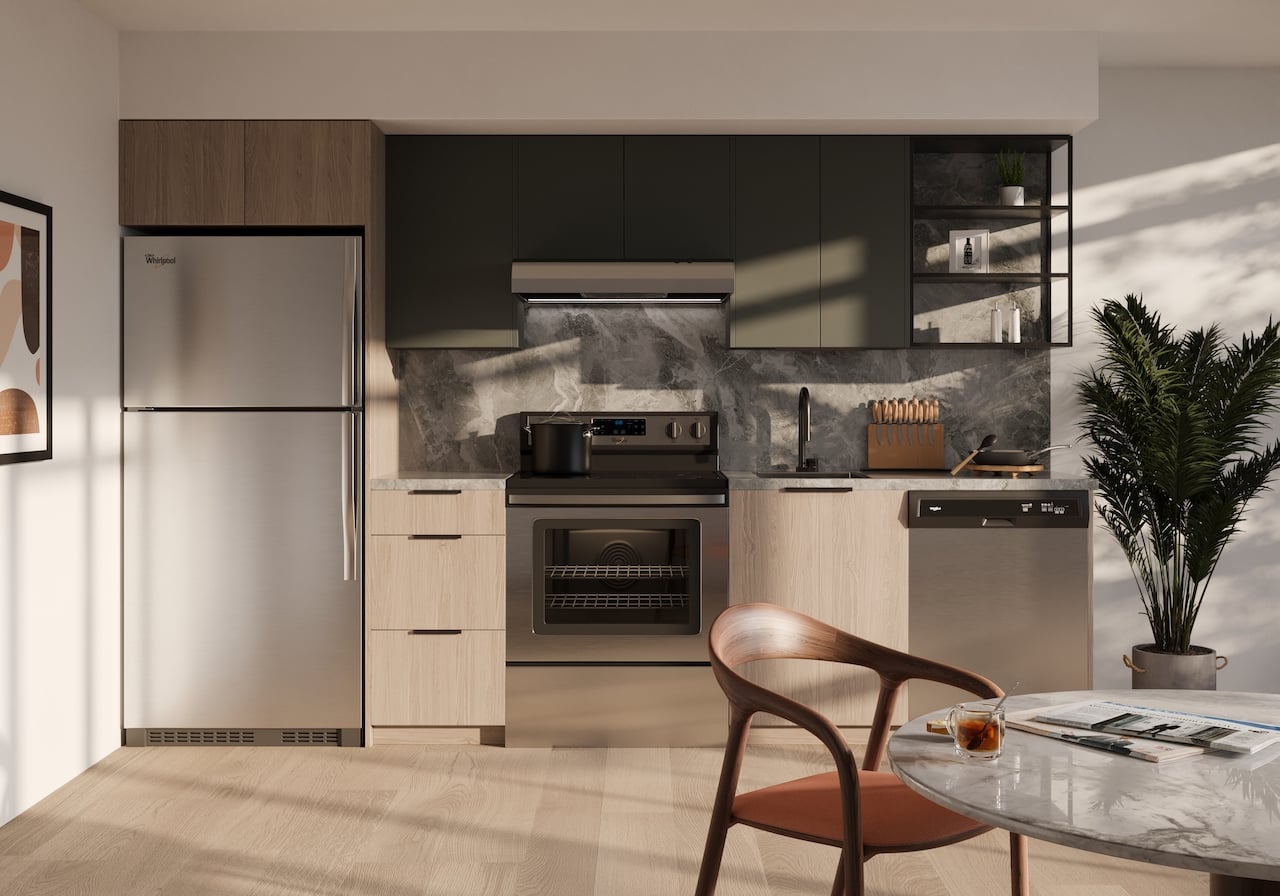 Rendering of Realm Condos suite kitchen light dark upgraded