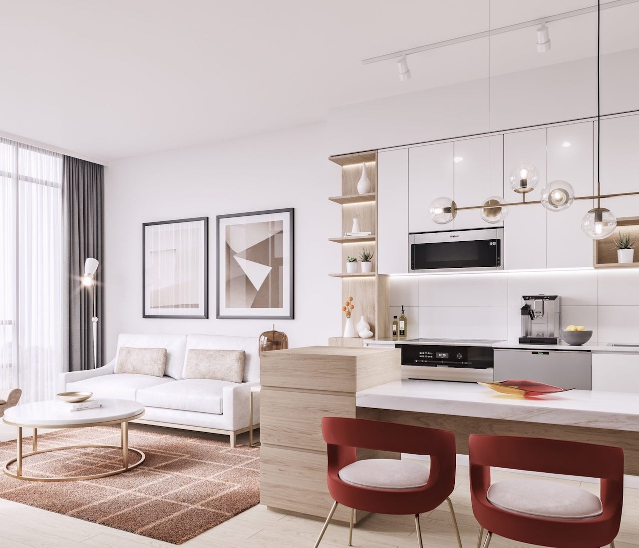 Rendering of Mondria Condos suite living room and kitchen