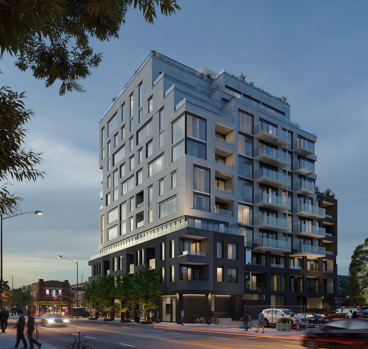 Rendering of Motto Condos in Toronto exterior view at dusk