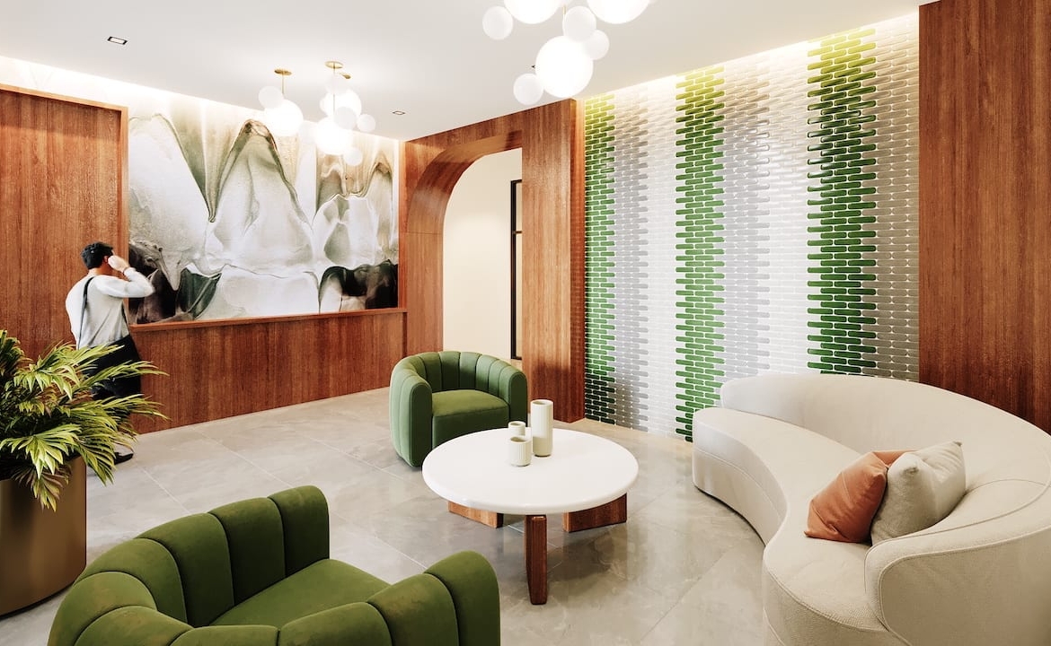 Rendering of Motto Condos lobby interior