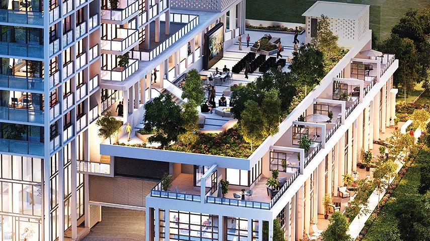 Exterior rooftop rendering of Union Square Condos in Markham