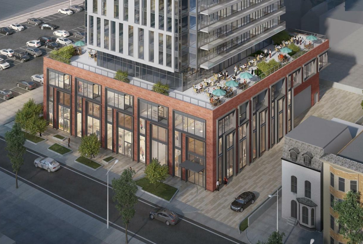 Rendering of 20 Maitland Condos aerial with view of rooftop terrace