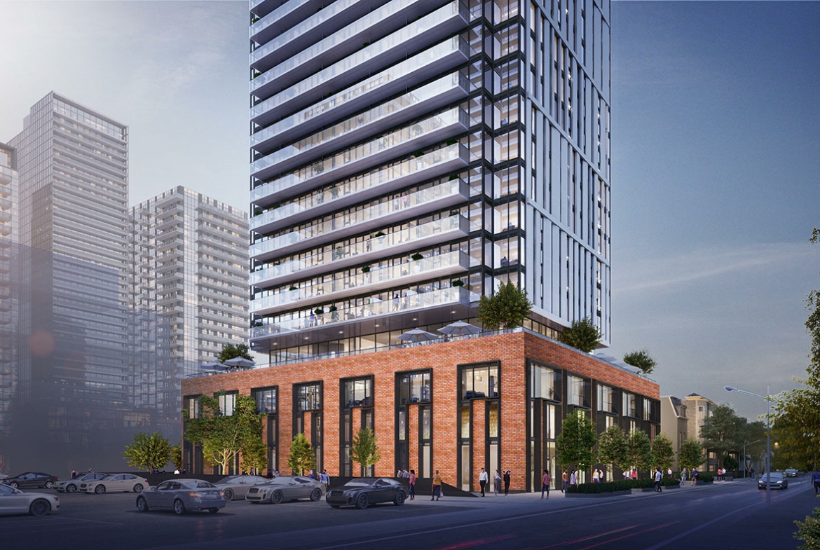 Rendering of 20 Maitland Condos podium lower in the evening