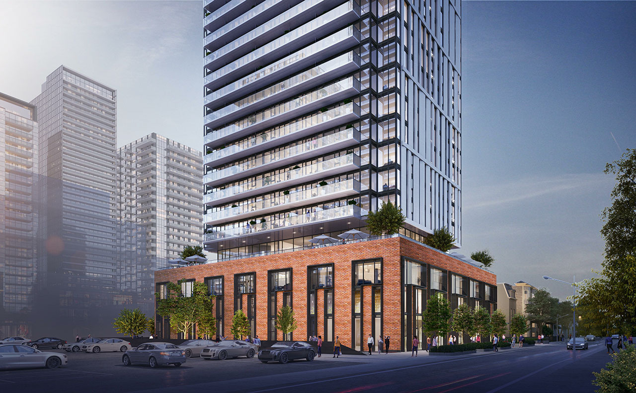 Rendering of 20 Maitland Condos podium lower in the evening