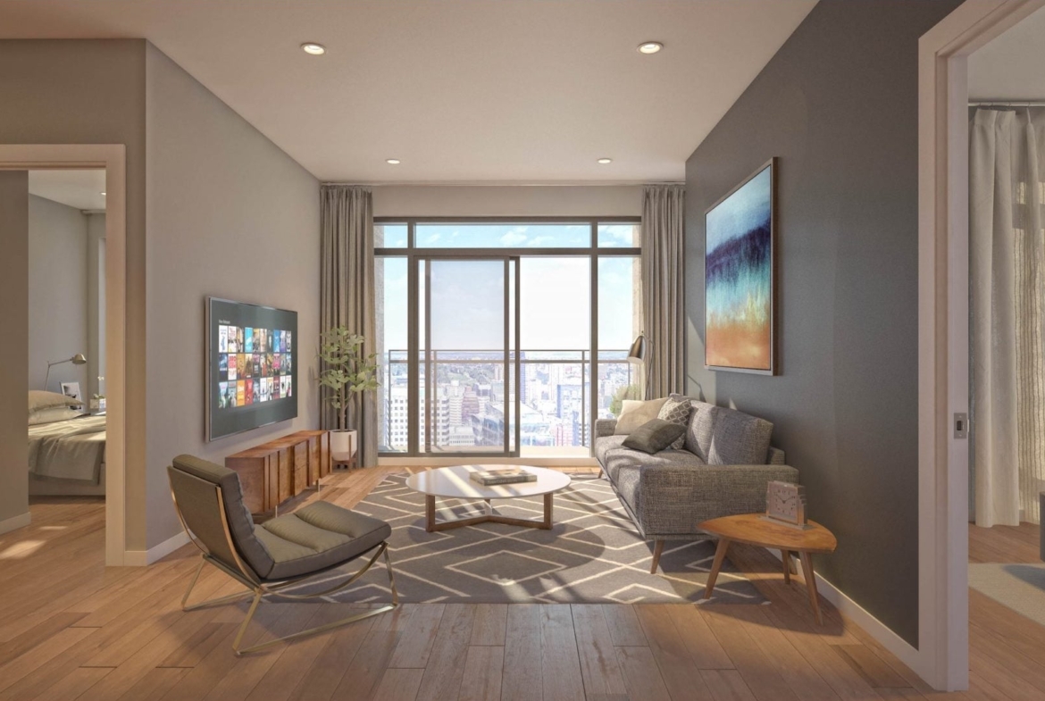Rendering of 628 Saint-Jacques Condos interior living room and bedroom