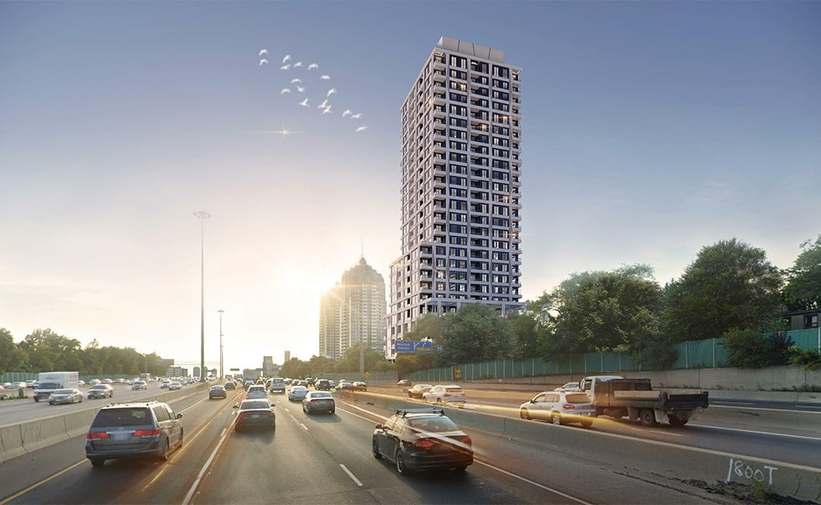 Rendering of 71 Talara Drive Condos and highway nearby