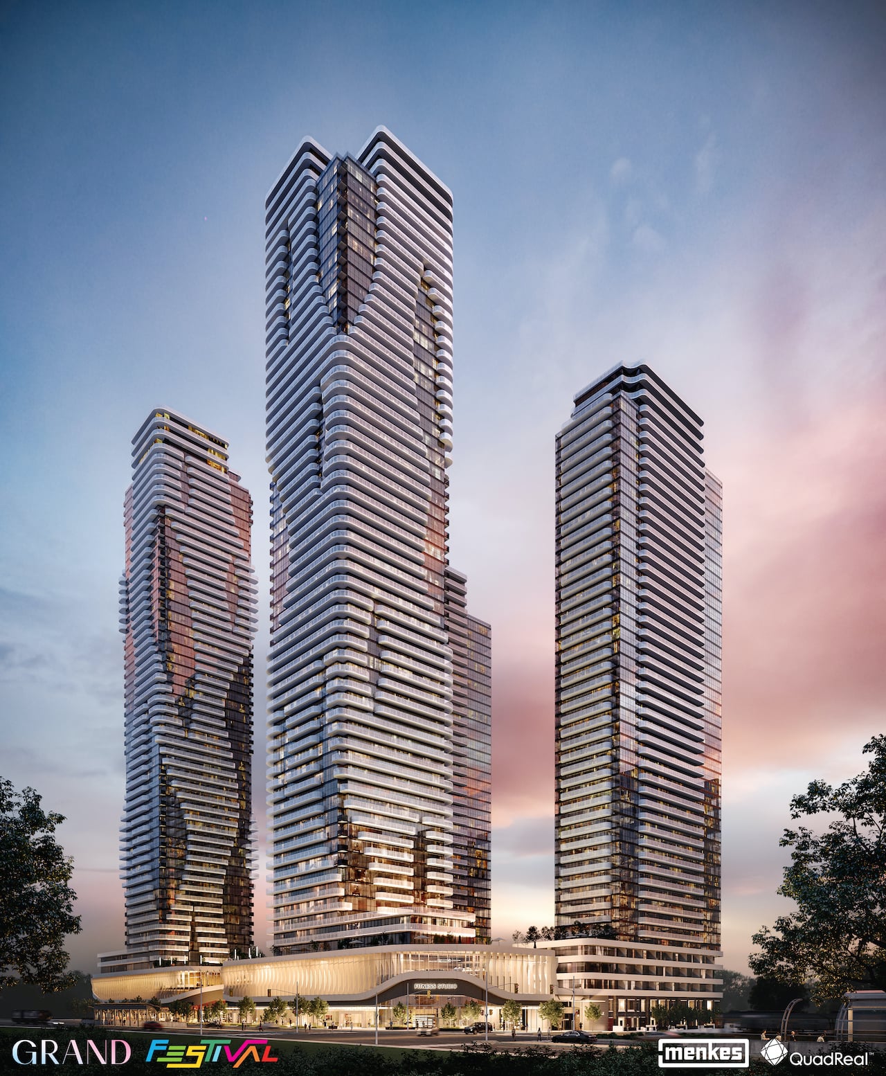 Grand Festival Condos community exterior at dusk