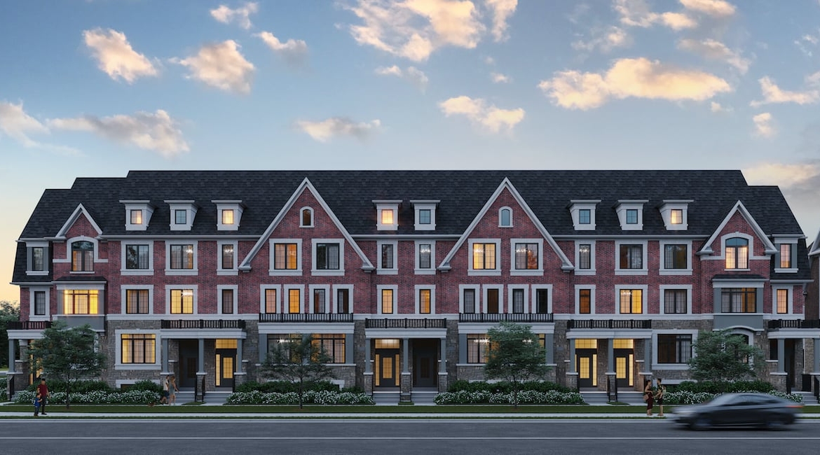 Rendering of Highbury Gardens townhouse row evening
