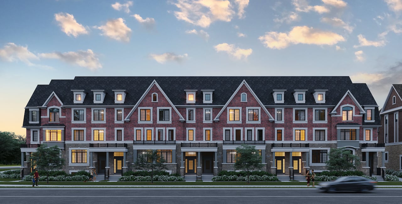 Rendering of Highbury Gardens townhouse row evening