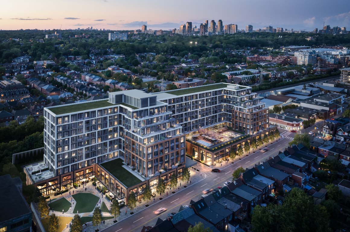 The Dupont Condos exterior aerial at night