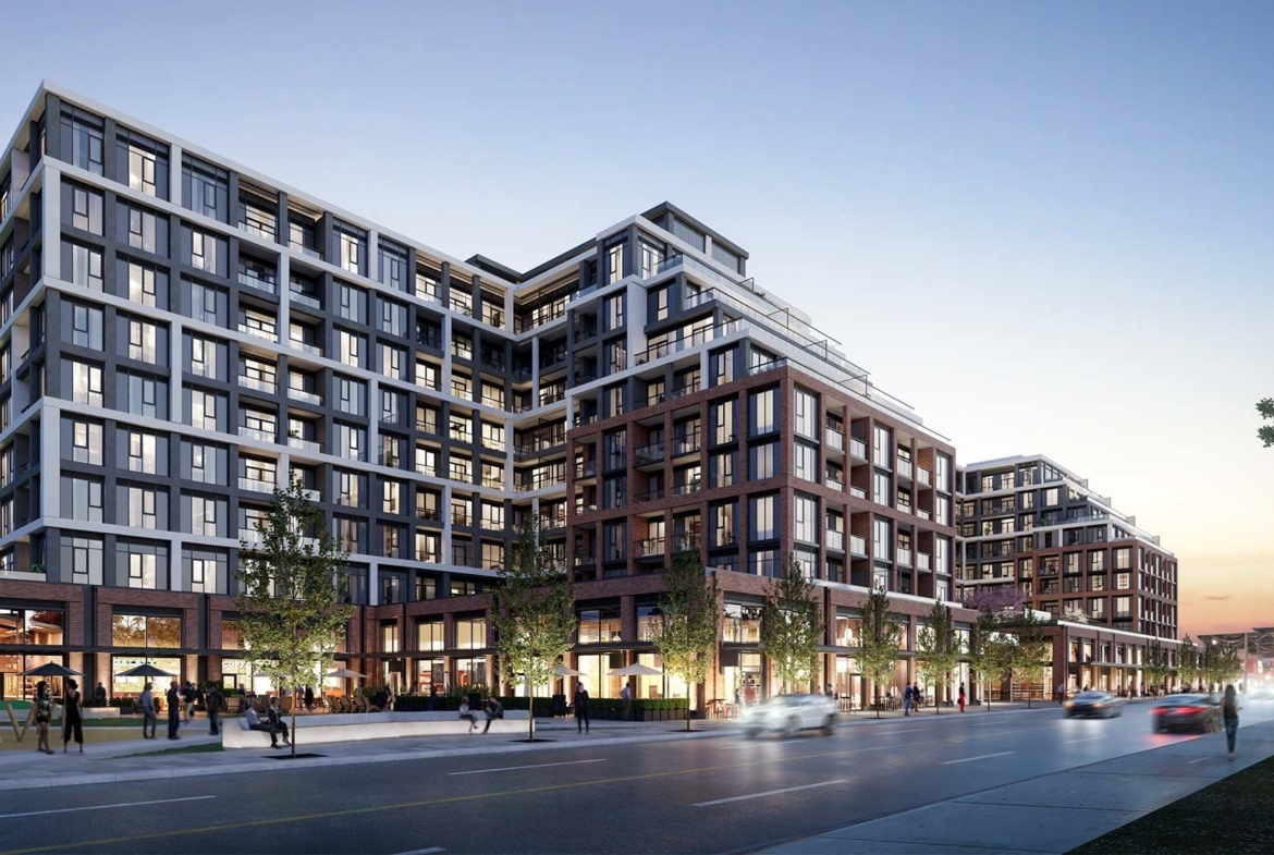 The Dupont Condos exterior streetscape at night