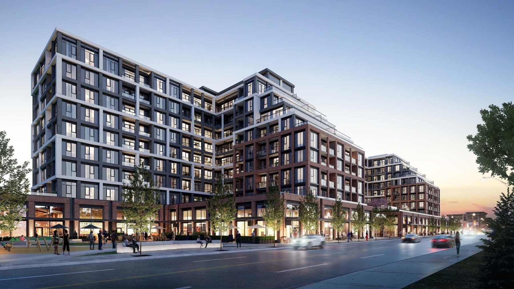 The Dupont Condos exterior streetscape at night