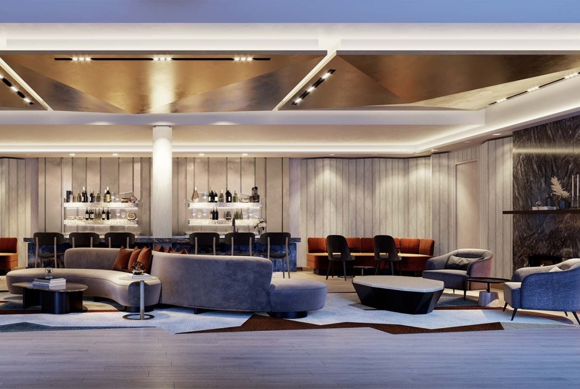 The Dupont Condos party room with fireplace