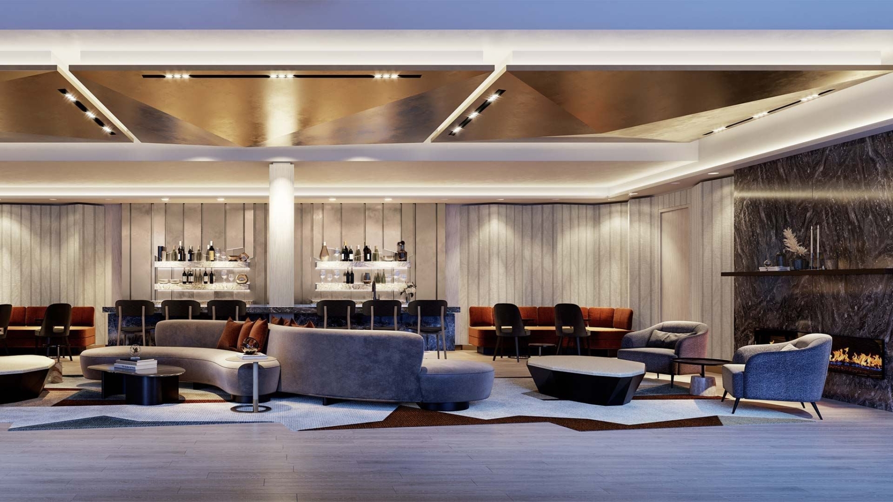 The Dupont Condos party room with fireplace