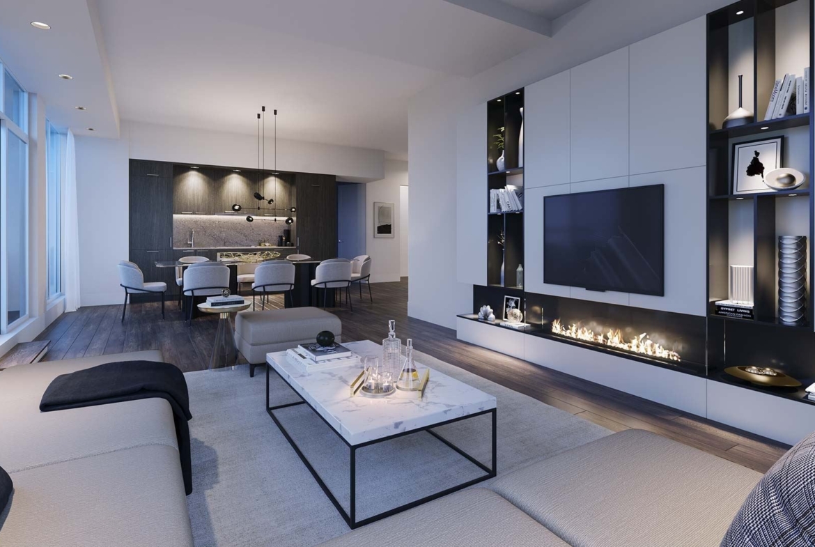 The Dupont Condos suite living room with fireplace at night