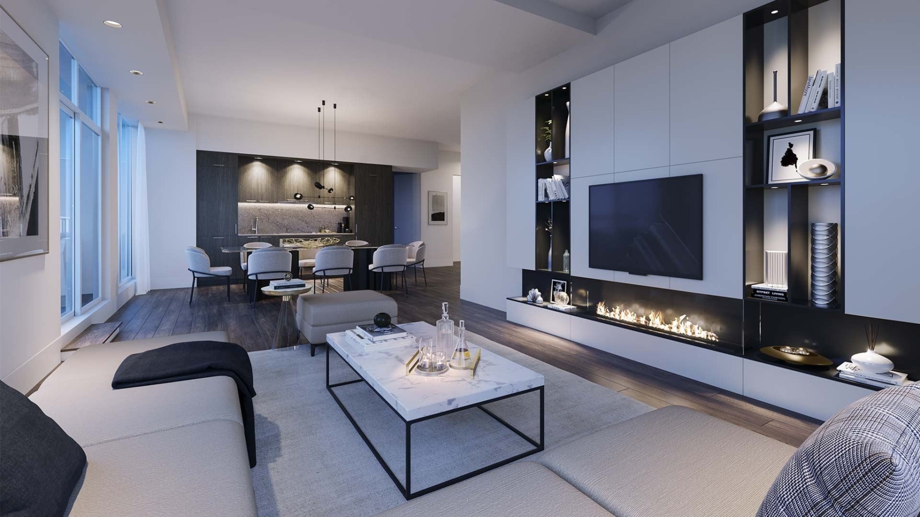 The Dupont Condos suite living room with fireplace at night