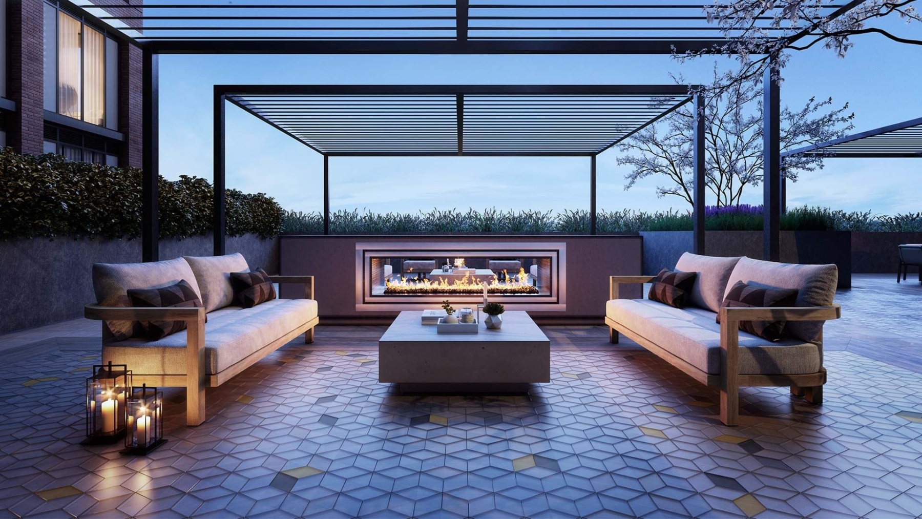 The Dupont Condos terrace with seating and fireplace