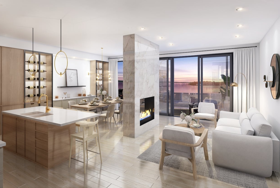 Rendering of Fenelon Lakes Club suite interior living room open-concept
