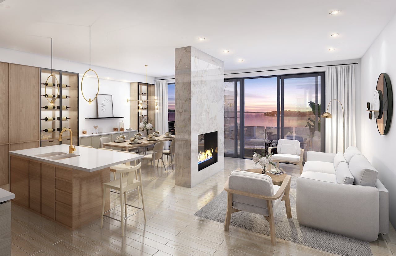 Rendering of Fenelon Lakes Club suite interior living room open-concept