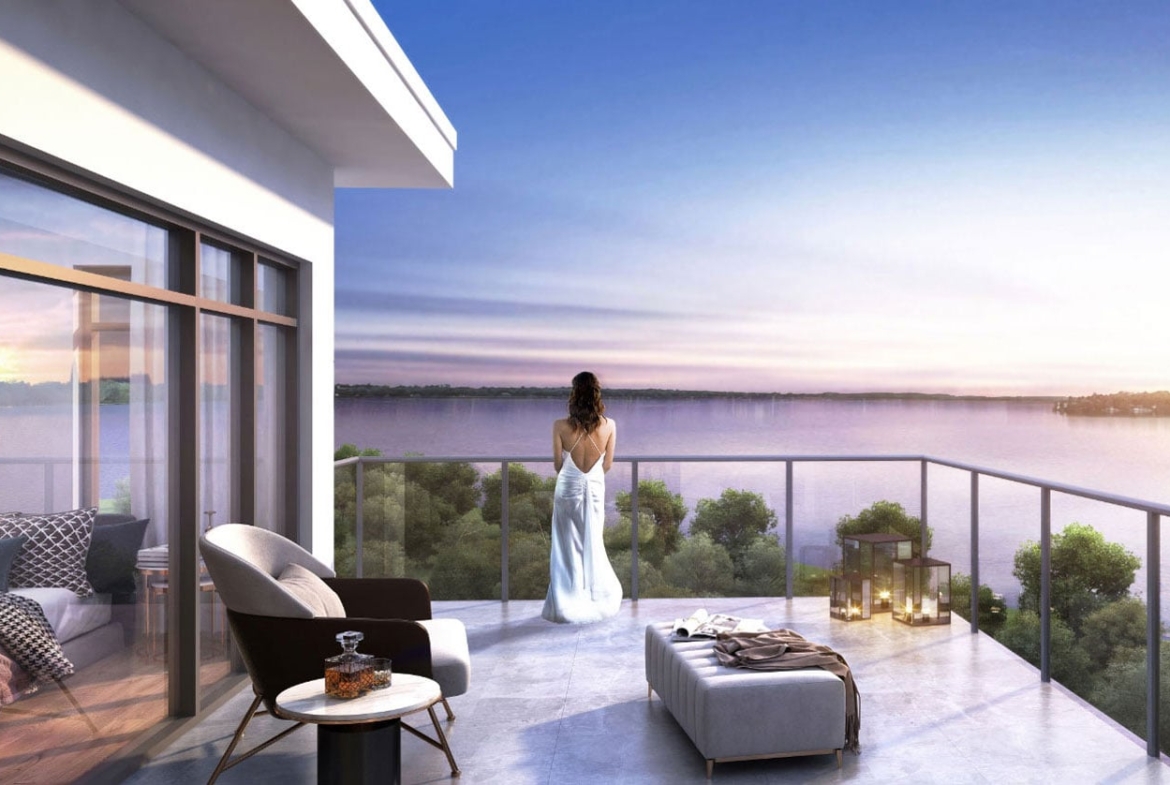 Rendering of Fenelon Lakes Club balcony view in the evening