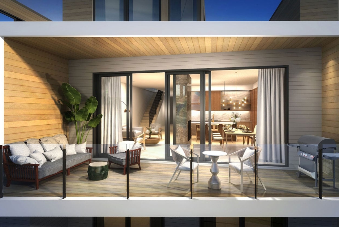 Rendering of Fenelon Lakes Club terrace and suite interior
