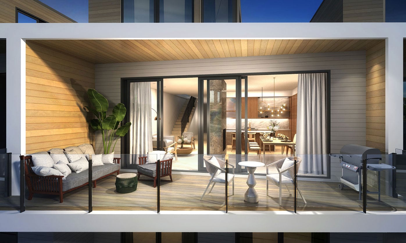 Rendering of Fenelon Lakes Club terrace and suite interior