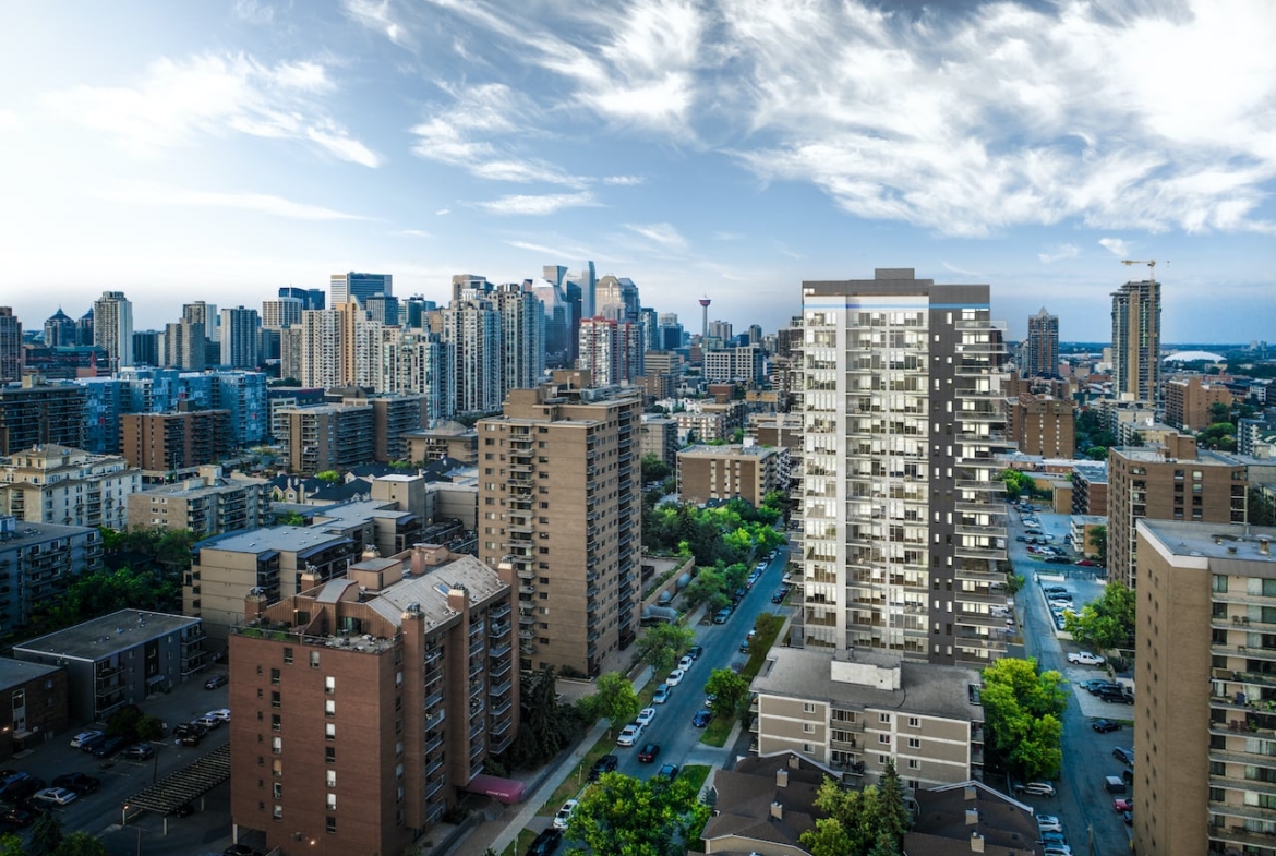 Rendering of NUDE by Battistella Condos aerial view of Downtown Calgary