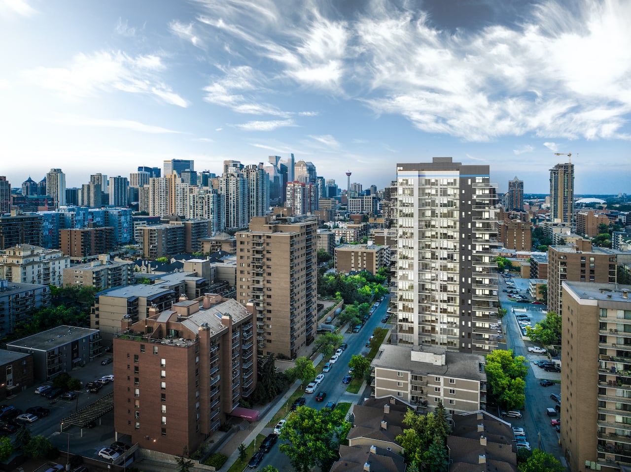 Rendering of NUDE by Battistella Condos aerial view of Downtown Calgary